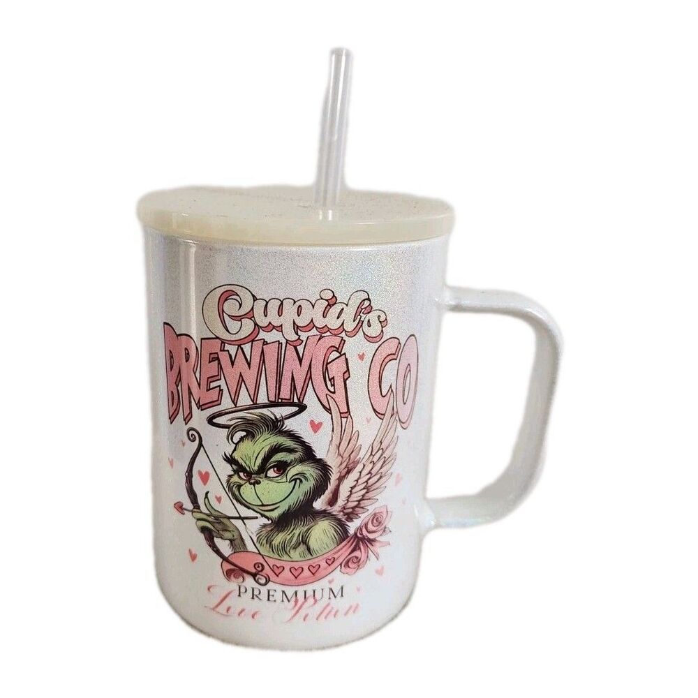 NEW Grinch Glass Travel Mug Cupid’s Brewing Love Potion Plastic Straw Cup Ivory